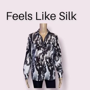 - Jones New York Long Sleeve V Button Front - Feels Like Silk